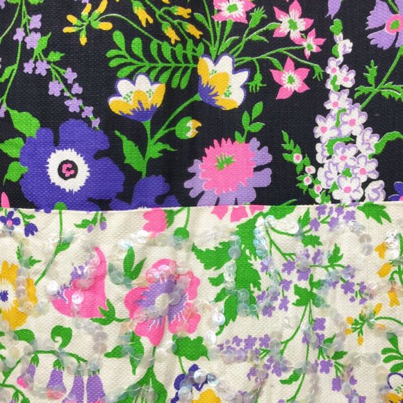 VINTAGE 70s Botanical Black & White Color Block Maxi Skirt with Sequins 27" Wais - Picture 6 of 8